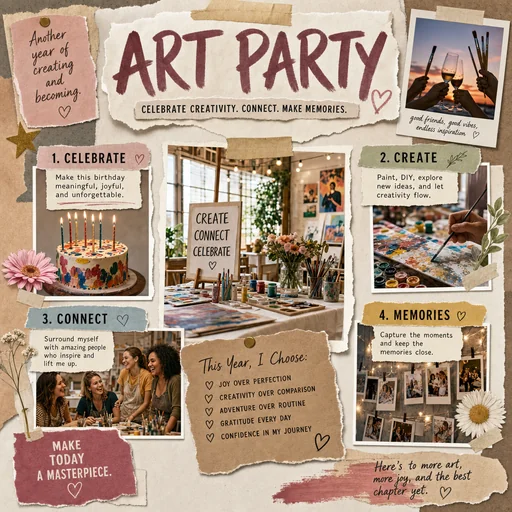 Art Party vision board with goals to celebrate, create, connect and remember.
