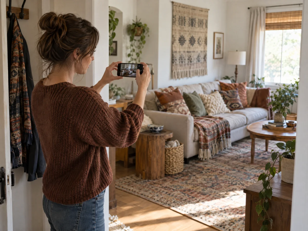 A woman holds a phone horizontally to photograph a boho living room with earthy cushions, a textured throw, a patterned rug, and a clear walkway.