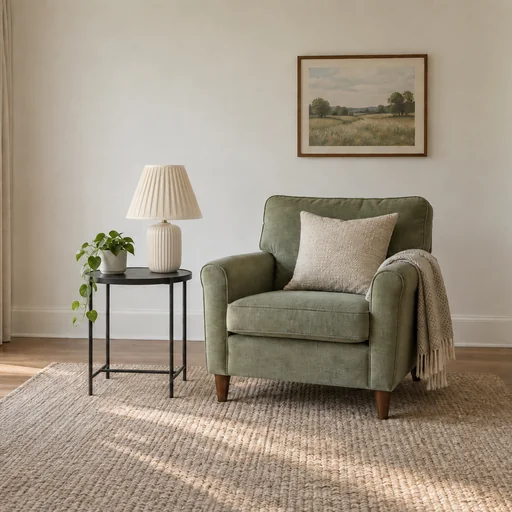 A cream pleated-shade lamp sits on a black side table beside a green armchair.