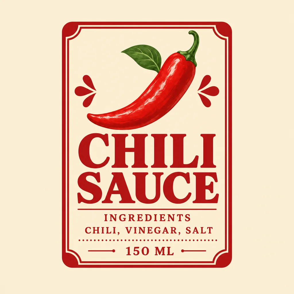 Red pepper above CHILI SAUCE ingredients and 150 ML on cream label.