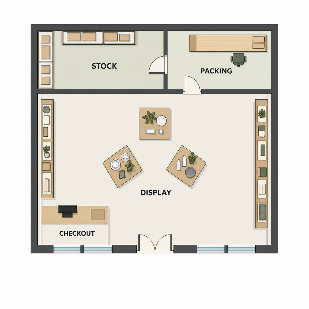 Top-down homewares shop plan with three display islands, packing area, stockroom and checkout.