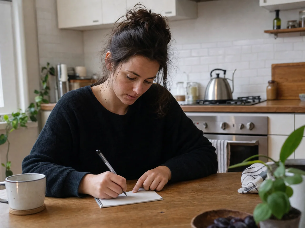 Person at a small kitchen table writing a short checklist with a tidy countertop and kettle visible behind