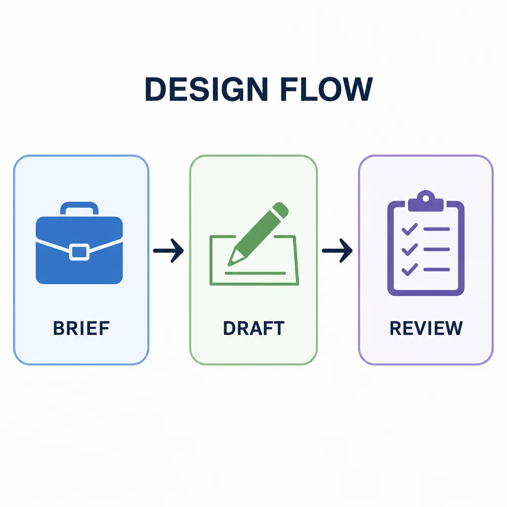 DESIGN FLOW process diagram connecting BRIEF, DRAFT and REVIEW.