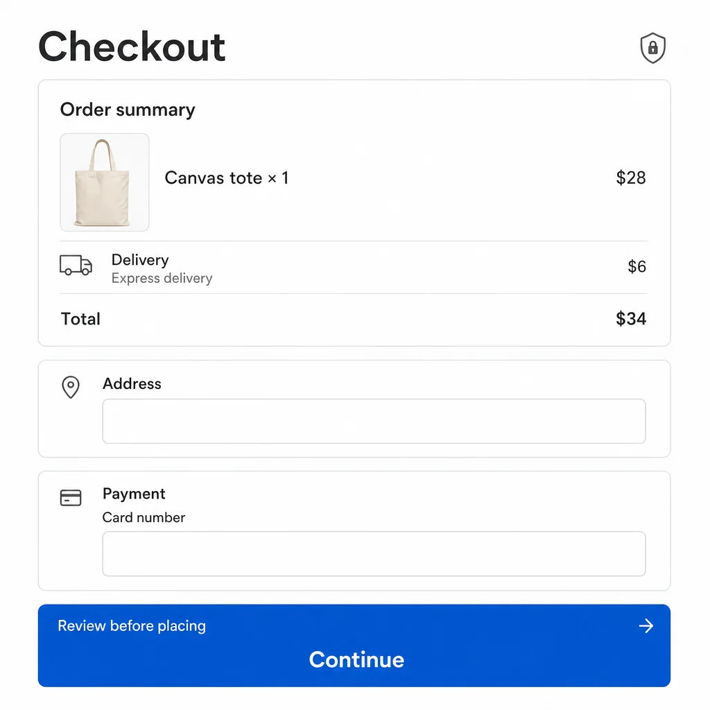Canvas tote checkout with express delivery, $34 total and review guidance above Continue.