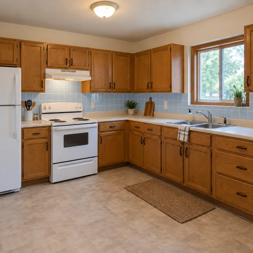 Kitchen with pale-blue glazed square backsplash tiles, oak cabinets and cream counters.
