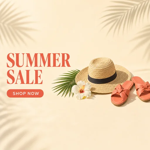 Summer sale layout with hat and sandals at right and left-aligned sale text.