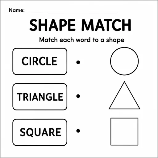 SHAPE MATCH worksheet with circle, triangle and square matching rows.