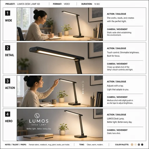 A desk-lamp advertisement storyboard with four sequential frames labeled WIDE, DETAIL, ACTION and HERO.