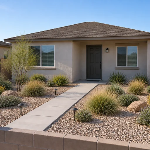 A dry gravel front garden with groups of ornamental grasses and flowering shrubs around the existing concrete path.