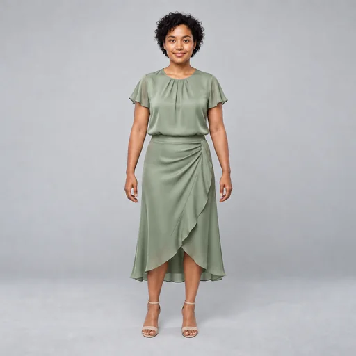 A woman with short dark curls models a sage blouse and wrap skirt with heeled sandals against a gray studio backdrop.
