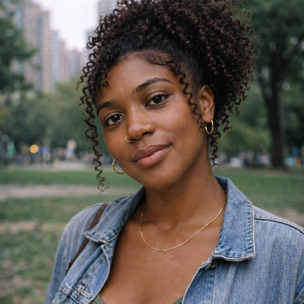 A woman in a denim jacket with a high curly updo and loose face-framing curls.