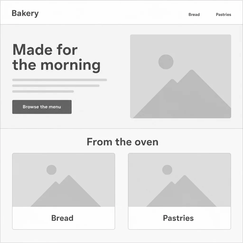 Grayscale structural bakery screen: header/navigation, hero and Browse the menu CTA, then From the oven with exactly Bread and Pastries cards. Reading order and grouping are clear.