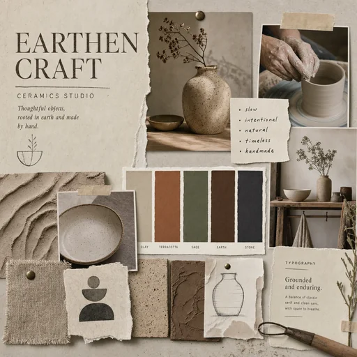 Earthen Craft ceramics moodboard with pottery, earthy colors and tactile material swatches.