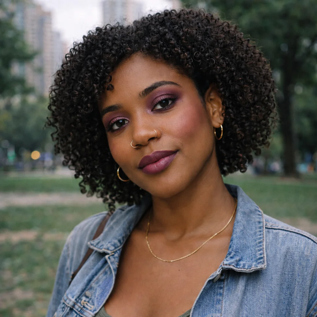 A woman with curly hair wears plum eye shadow, berry lipstick and rosy blush in an outdoor stage-makeup portrait.