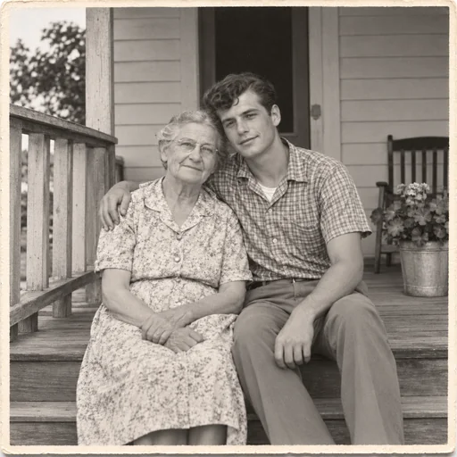 A restored monochrome porch photograph of a grandmother and her grandson.