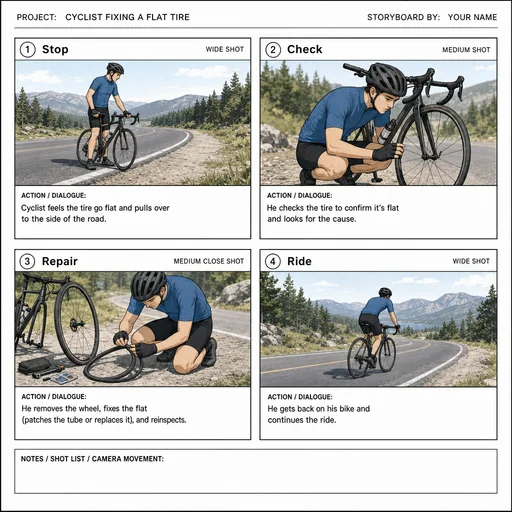 Four-frame cyclist flat-tire repair storyboard with Stop, Check, Repair and Ride stages.