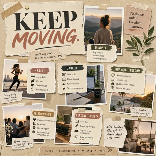 A KEEP MOVING vision board with personal growth goals.