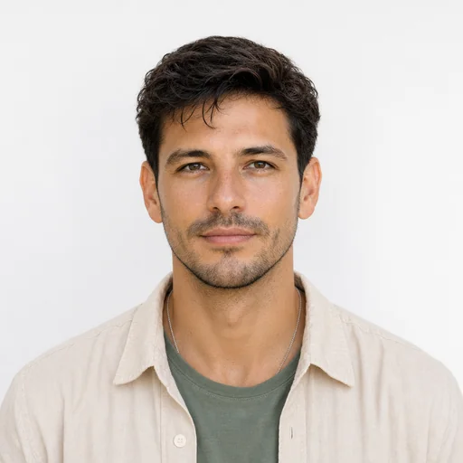 Centered passport-style portrait of the selected person with short dark hair and stubble on a plain light background.