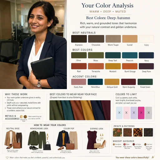 Color-analysis board retaining the original office portrait and organized color and outfit suggestions.