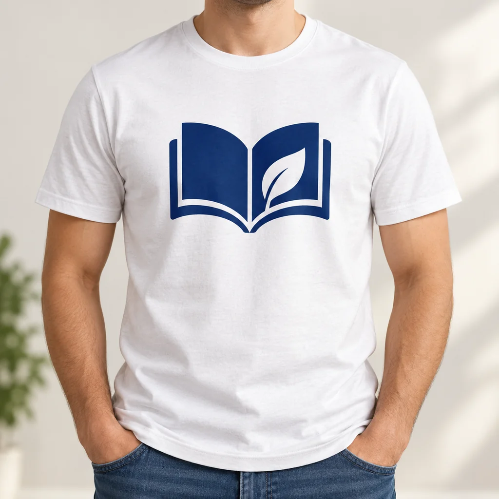White T-shirt with a navy open-book logo containing a white leaf.