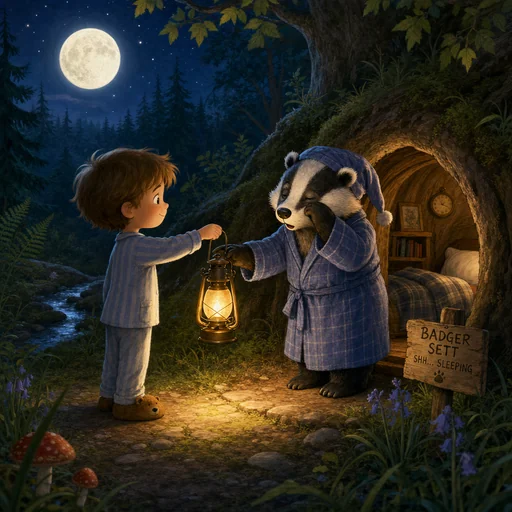 A pajama-clad child lends a glowing lantern to a sleepy badger outside its moonlit forest home.