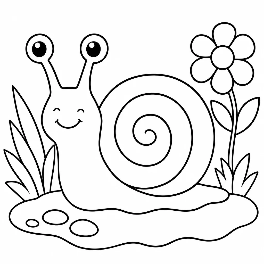 Friendly garden snail with a spiral shell and flower in bold black outlines; all main subjects complete and large fillable shapes.