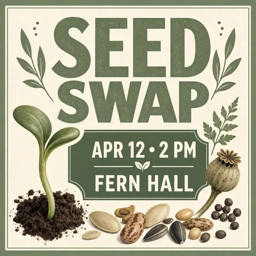 Seed Swap poster with sprout and seeds in sage and cream.