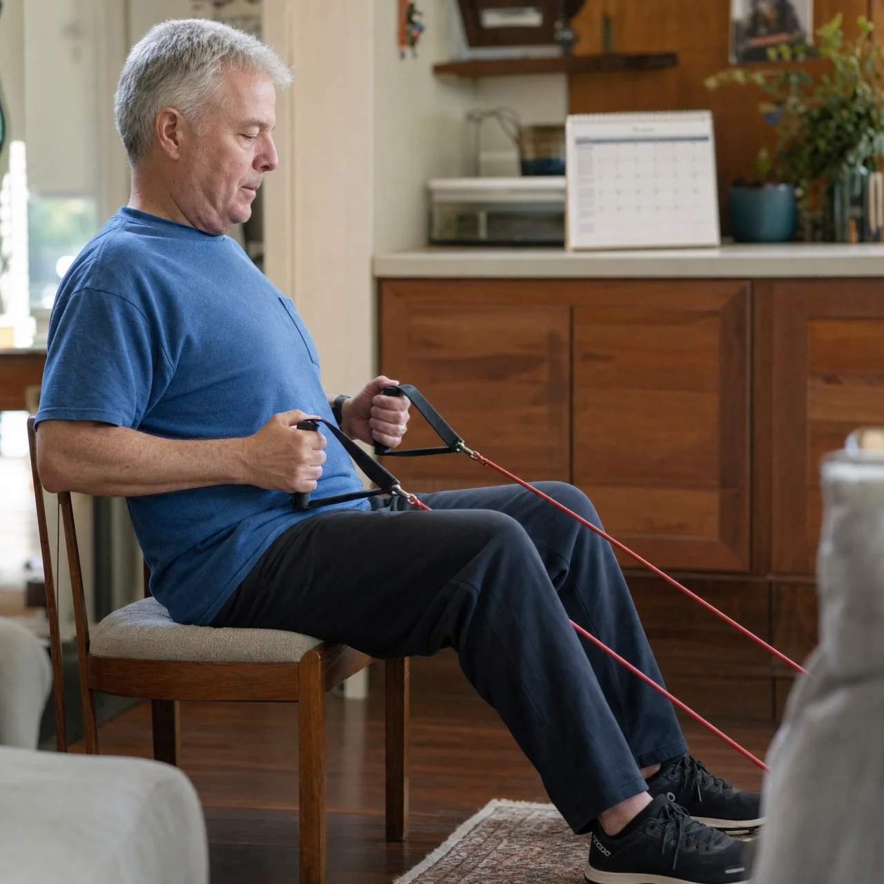 Older adult seated and pulling a resistance band in a gentle row, with a blurred weekly calendar on a counter behind them.