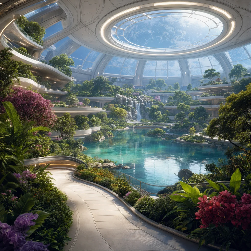 Orbital garden habitat shows curved planted terraces, a central lake and softly lit enclosed ceiling.