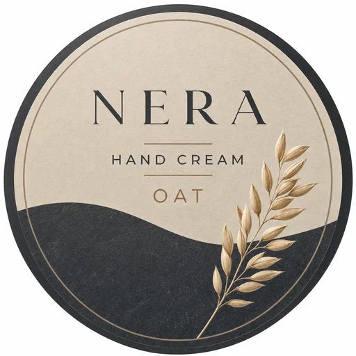 NERA hand cream label with sand and charcoal sections and one oat sprig.