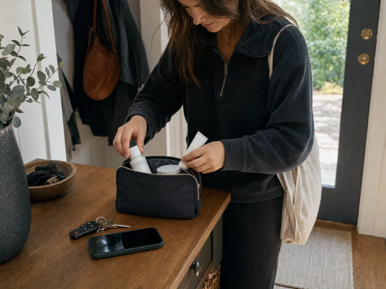 Person packing a small toiletry pouch with cleanser, moisturizer, and sunscreen on an entryway table beside keys and a phone