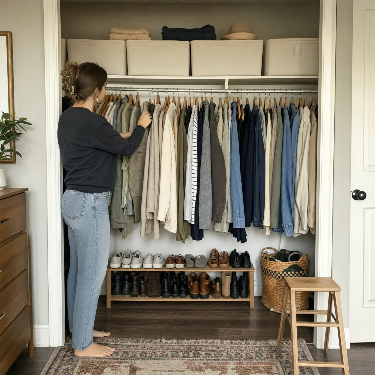 Reach-in closet with everyday clothes on the middle rod, bins on the top shelf, and shoes neatly on the lower shelf