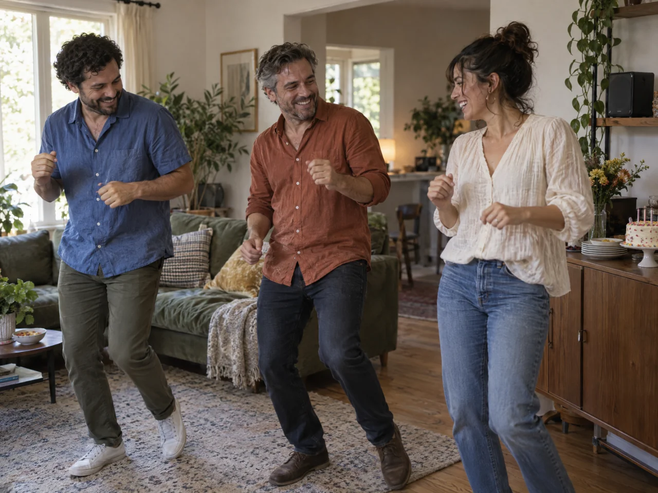 A guest of honor and two friends dancing in a living room, with a small birthday cake and dessert plates on a nearby sideboard.