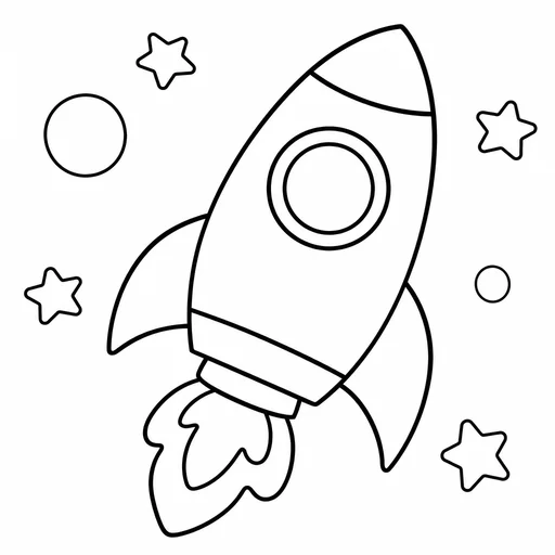 Complete simple rocket and flame with large fillable areas and a few stars, clean outlines and no text.