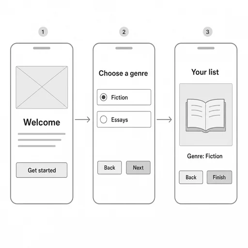 Three reading screens, two rightward arrows, Fiction selected and Genre: Fiction result; all required copy and controls clear. Placeholder art is conventional.