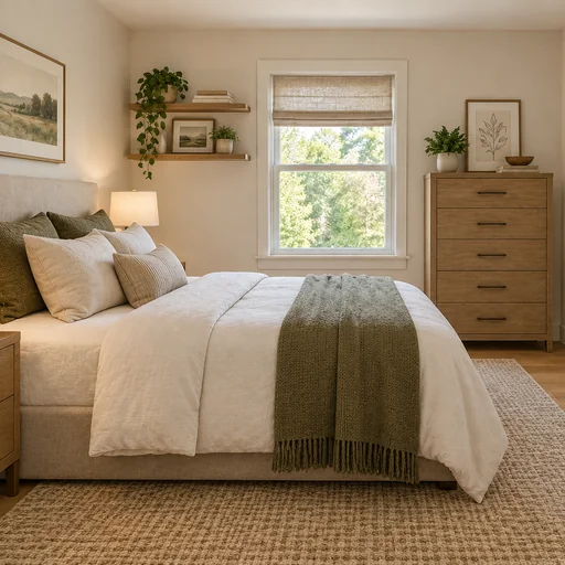 Cozy bedroom with a cream upholstered bed, olive throw, oak dresser and shelves beside a central window.