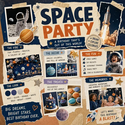 Space Party vision board with cosmic birthday activities and treats.