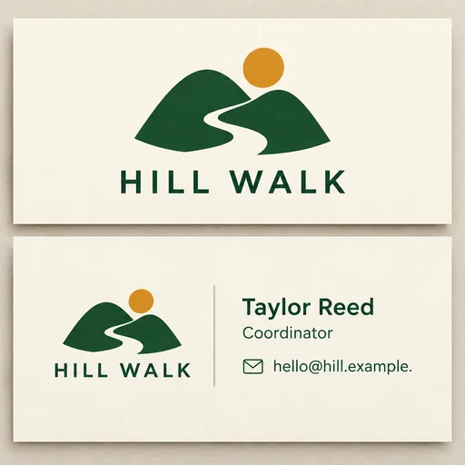 HILL WALK two-sided business card with green hills and gold sun logo and Taylor Reed contact details.