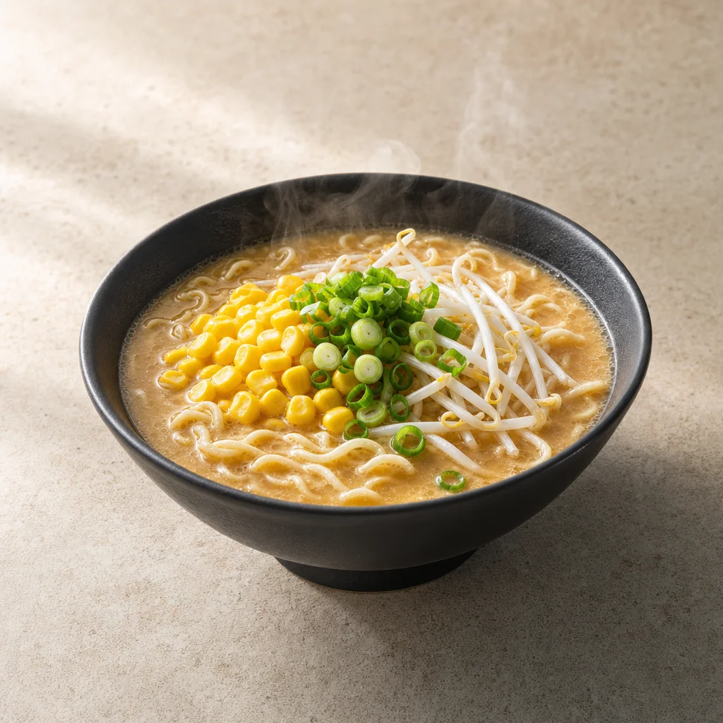 Black bowl, corn, sprouts, scallions and miso ramen remain recognizable.