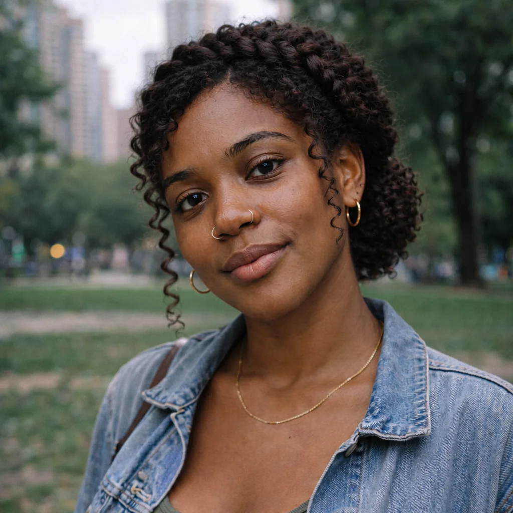 A woman previews a braided crown with a low gathered curly bun and loose tendrils beside her face.