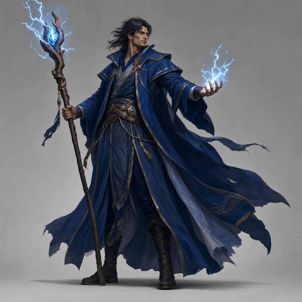 A tall human storm mage in flowing deep-blue robes holds a wooden staff glowing with blue lightning.