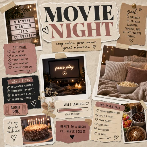Movie Night birthday vision board with a cozy setup, film choices and snacks.