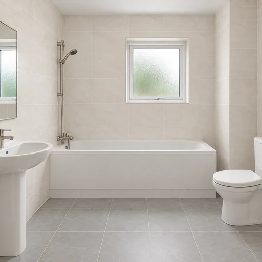 Ivory-tiled bathroom with a gray tile floor, brushed-nickel taps, white tub, pedestal sink and toilet.