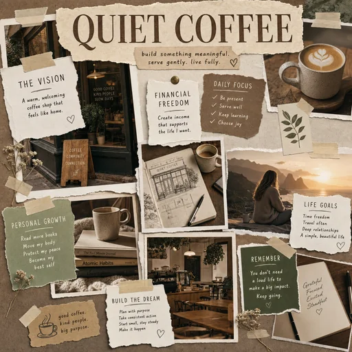 Quiet Coffee vision board with a welcoming cafe and personal business goals.