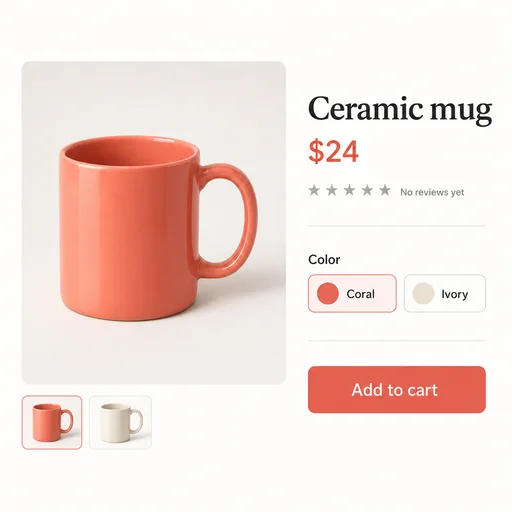Ceramic mug product page preserving $24, Coral and Ivory variants and Add to cart.