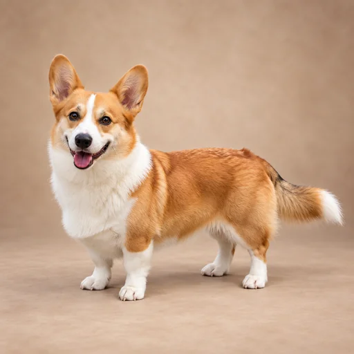A tan-and-white corgi stands with upright ears on a warm neutral studio floor.