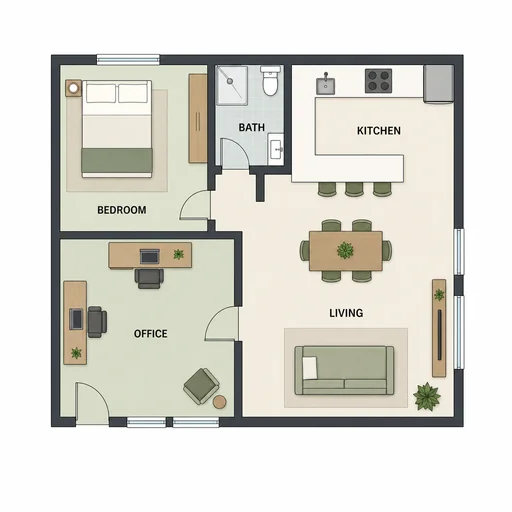Unmeasured live-work home with two office desks and open living kitchen.