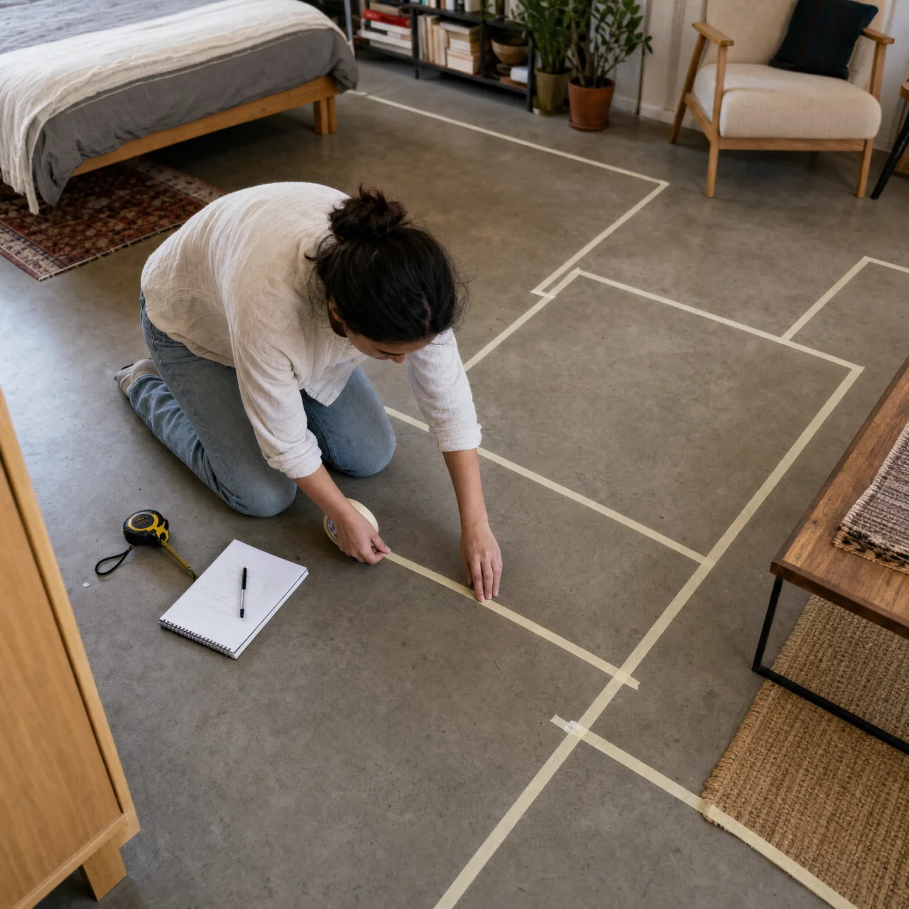 Overhead view of a studio floor with masking tape forming separate zones while a person kneels to place tape