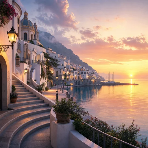 A coastal promenade curves past white buildings and broad stone steps toward a calm harbor at dawn.