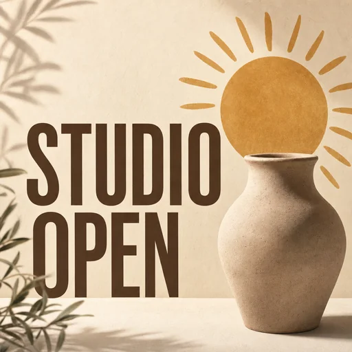 STUDIO OPEN graphic with a clay vase and ochre sun.